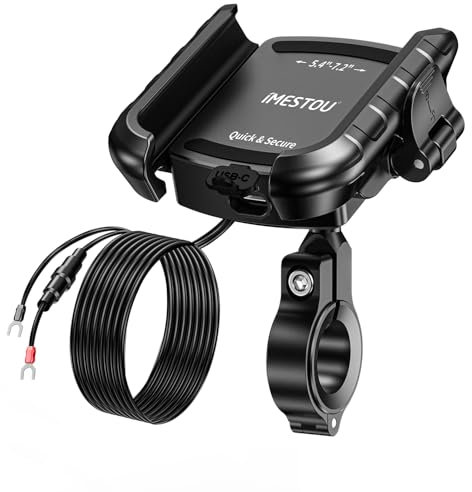 iMESTOU Aluminium Motorrad USB Ladegerät mit USB C Schnellladeanschluss, Kompatibel mit 5,4-7,2 Mobiltelefonen mit Einer Dicke von bis zu 15mm, Passend für 12mm-32mm Lenker