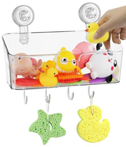 Birtern Baby Bath Toy Storage - 4 Removable Hooks Bathtub Toy Rack Bathroom Toy Holder,Shampoo Basket, Transparent Bath Toy Storage Box for Bathroom Kitchen