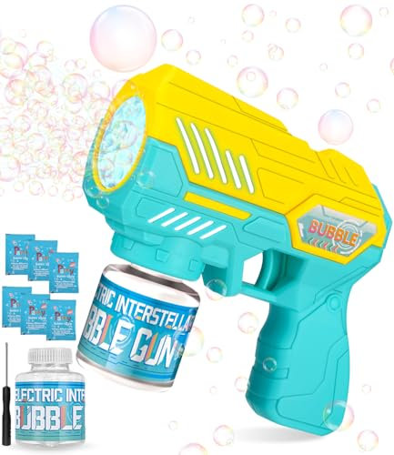 Pistola de Burbujas para Niños, Máquina Automática Silenciosa con Luces LED, 10 Agujeros, 150ml Líquido, 10000+ Pompas por Minuto, Juguete para Exterior, Fiestas, Bodas, Verano