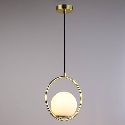 Alpinaluz Lámpara Colgante de Techo en Metal Dorado con Esfera de Cristal Opalino Blanco – Diseño Minimalista y Moderno, Compatible con Bombillas E27 G45, Ideal para Salón, Comedor y Dormitorio
