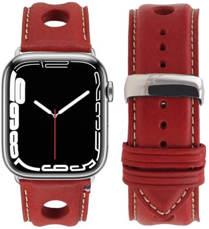Eternel - Rallye Bracelet culte - Compatible toutes Apple Watch - 45/46mm - Fait main en France - Tannage végétal - Rouge - Adaptateurs ultra noir