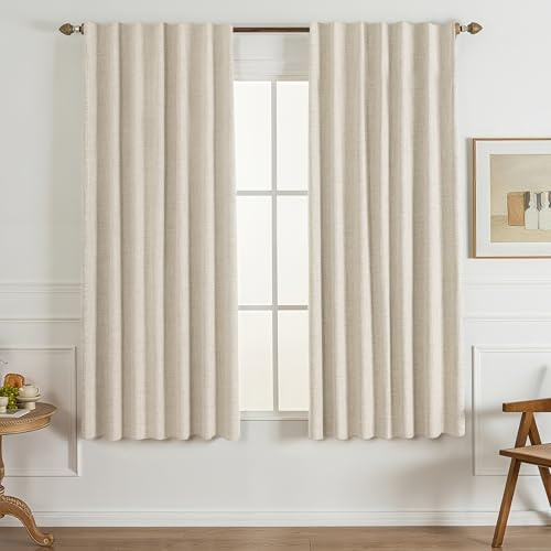 Gleantdeco 100% Verdunkelungsvorhänge 185 cm Länge Haferflockenfarbe 2-TLG. Landhausvorhänge Wohnzimmer Dunkelheitsthermik Strukturierter Flachsleinen-Stoff Inkl. Haken & Ringen