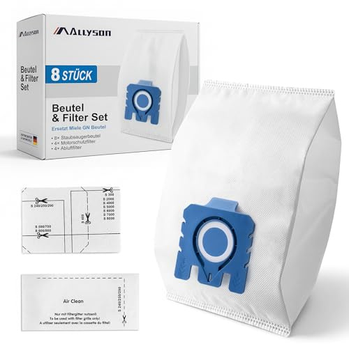 Allyson | 8 Premium Staubsaugerbeutel für Miele GN Serie S2 S4 S5 S6 S8, Complete C1 C2 C3, Classic C1 | Hygienischer Auto-Verschluss, Reißfest & Optimale Passform | Inkl. 4 Motor- & 4 Abluftfilter