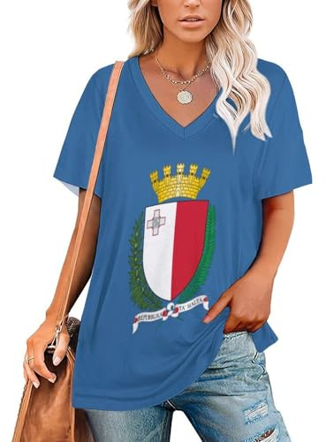 HZCRAES Bluse da Donna Casual T-Shirt A Manica Corta Top con Stampa Emblema Nazionale di Malta Magliette Collo A V Leggera Maglia Basic Confortevole Morbide per Estate (S-5Xl)