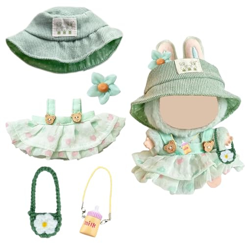 Bekleidung für 17CM Plüsch, Kuscheltier Kleidung Outfit, Puppenkleidung 17 cm 4 Stück, Kleid, Mütze, Kleine Umhängetasche und EIN Babyflaschenanhänger, Junge und Mädchen, Ohne Puppe (Grün)
