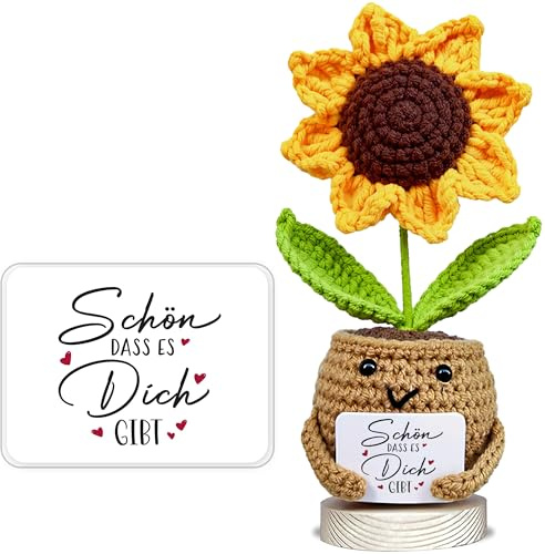 VELENTI Handgemachte gehäkelte Sonnenblume mit Karte „Schön, DASS es Dich gibt“ | Geschenk für Freund:innen, Kolleg:innen & Liebe Menschen | Dankeschön- & Aufmerksamkeits-Geschenk