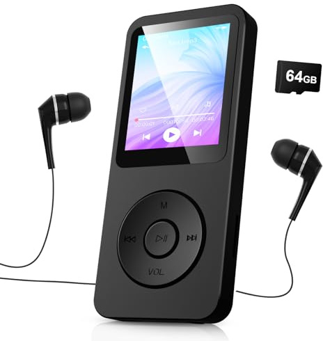 64GB MP3 Player Bluetooth 5.3-1.8“ TFT Colour Screen with Earphone, HiFi Music MP3-Player with Built-in Speaker, FM Radio, E-Book, Recording for Adult Kids Support up to 128 GB