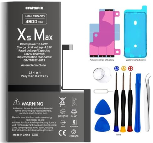 EFaith Batteria per iPhone XS Max [4900mAh] di ricambio ad alta capacità 0 cicli con kit di riparazione professionale e adesivo