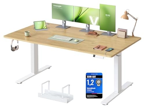 VASAGLE Höhenverstellbarer Schreibtisch, 180 x 80 cm, USB-C-Anschluss | Schreibtisch, Ablage für Steckdosenleiste, 3 Speichertasten, Erinnerung bei langem Sitzen, goldeichenfarben LSD148YA02
