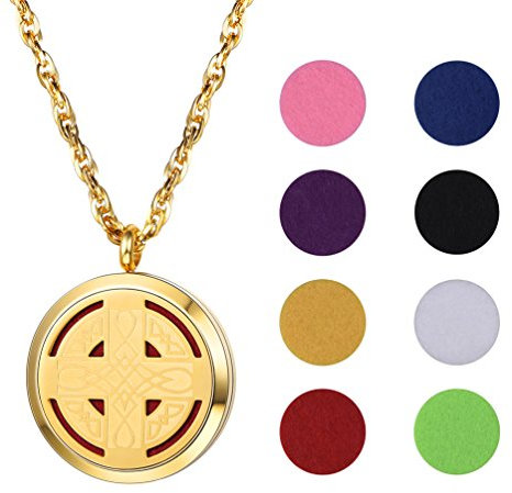 PROSTEEL Ätherische Öle Diffusor Anhänger Halskette 18k vergoldet Runde Medaillon mit hohlen Kreuz Floating Locket mit 8 bunten Nachfüllpads 55+5cm Kette Damen Herren Aromatherapie Zubehör(Gold)