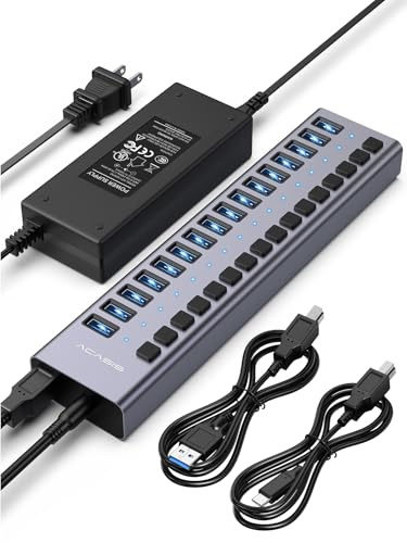ACASIS Hub USB 3.2 Alimentato 16 Porte 10Gbps Multipresa Usb | Adattatore 96W, Interruttori Indipendenti, Alluminio, per PC/Laptop, compatibile Mac/Windows/Linux