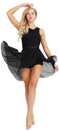 iEFiEL Damen Ballettkleid Tanzkleid mit Asymmetrisch Rock Wickelrock Tango Latein Kleider Leotard Ballettanzug Trikot Tanz-Body Gr. XS S M L XL Schwarz L