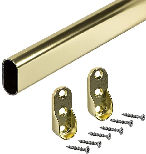 Gedotec Garderobenstange Schrank-Kleiderstange Messing | Schrankstange 1250 mm OVAL | Metall Schrankrohr Vintage | Möbelrohr 30 x 15 mm | 1 Stück - Kleiderschrank mit 2 Stück Stangen-Befestigungen