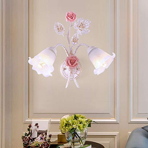 GDLight Rustikale Pastoral Wandleuchten Rosa Rose Glass Shade Nachttischlampen Keramik-Blumenwandleuchte Beleuchtung für Schlafzimmer Wohnzimmer Flur Balkon,2lights