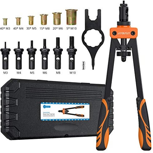AUTOUTLET Nietmutternzange Set, 14 Profi Nietzangen Nietmutterzange mit 6 Austauschbare Dorne M3 M4 M5 M6 M8 M10 und 150PCS Nietmutter, Gewindenietzange Nietmaschine Nietmutter Zange Werkzeug(Orange)
