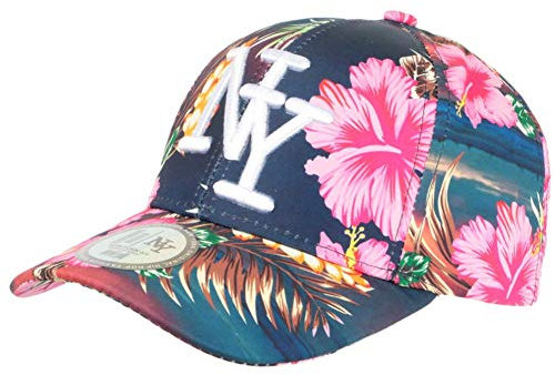 Casquette NY Bleue Marine Fleurs Roses Tropicales Fashion Baseball Hawai - Taille Unique - Bleu