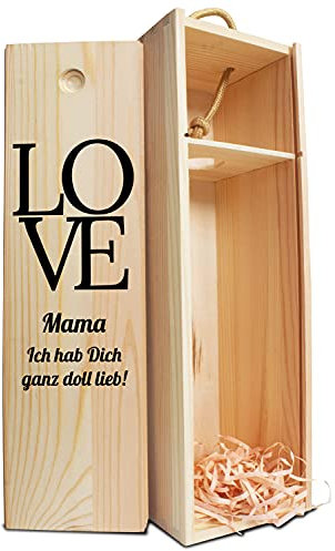 wandmotiv24 Personalisierte Weinkiste aus Holz, 35x11x11 cm, Love, Wunschtext, Geschenkidee, Holzkiste mit Schiebedeckel, Geschenk für Frauen, Wein Box, Muttertagsgeschenk, Holzwolle, Geschenke M0734