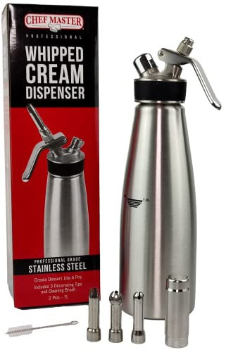 Chef-Master 90079 Sahnespender Schlagsahnespender für Waffeln, Kaffee, Kuchen, Chef Grade Schlagsahnespender, Edelstahl Professionelles Design, Groß 1 Liter/2 Pint