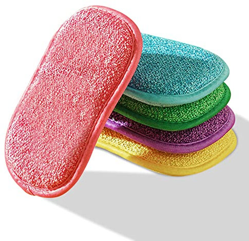 Antibacterial Microfiber Kitchen Dual Action Scouring Pads, 5 Pack Thickening Reusable Washing Up Sponge Cleaning Scourers & Sponges Dishwashing Sponge Non-Stick Pans Non-Scratch