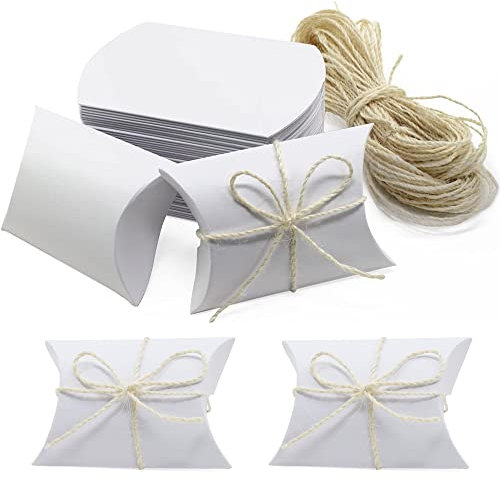 50 Stücke Kissen Box Kraftpapier, Süßigkeiten Boxen aus Papier, Geschenkbox Pralinenschachtel, Kraft Papier Geschenkbox, mit Juteschnur, für Hochzeitsbankett, Geburtstag, Party, Weihnachten