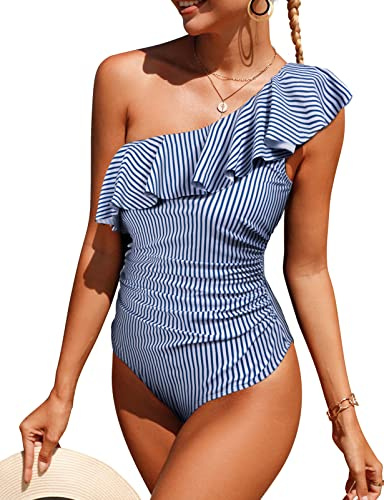Xnova Estivo Costume Intero da Bagno Donna con Una Spalla, Costumi Interi Piscina Contenitivi Pancia Piatta, Backless Vintage Swimsuit Sportivo Swimwear Beachwear(Striscia, S)