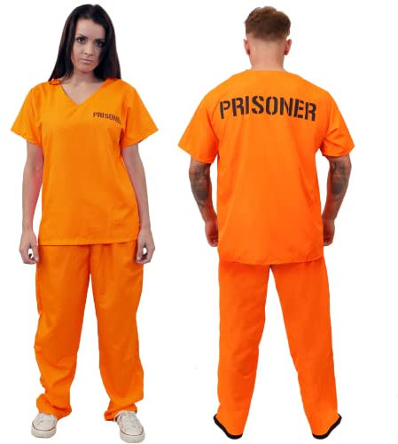 Adults Unisex Prisoners Costume – Large - Orange Prisoner Top, Matching Orange Trousers – Cops & Robbers, Halloween Fancy Dress