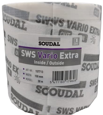 Soudal SWS Vario Fensterband Anschlussband Fensterdichtband Extra Vollflächig Selbstklebend Innen Aussen Luftdicht Schlagregendicht Breite 70-150mm 30m Rolle (150mm)