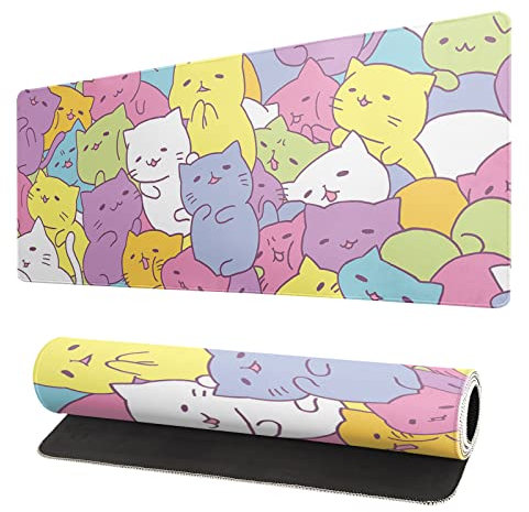 Kawaii Cats Gaming Mouse Pad, Extended Large Mouse Mat Desk Pad, Big Computer Keyboard Desk Pad, Stitched Edges Mousepad, 3mm Thick Long Non-Slip Rubber Base Mice Pad, 31.5 X 11.8 Inch