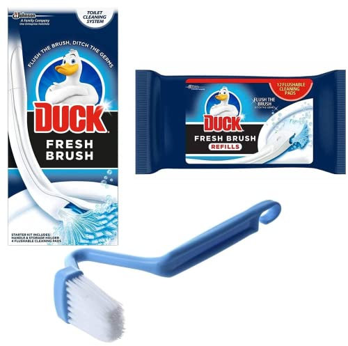 Toilet Duck Fresh Brush With Holder + Duck Fresh Brush Refills (12 Flushable Cleaning Pads) + Kunwely Curved Plastic Toilet Brush for Under Rim - Toilet Bowl Cleaner Starter Kit, Clear