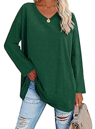 Famulily Women's Plus Size Long Sleeve Tee Shirt Soft Cotton T Shirts Ladies V Neck Tunic Tops Green XXL