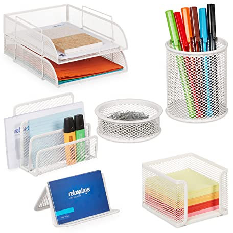 Relaxdays Schreibtisch Organizer Set, 7-tlg., Metall, Ablagefächer, Zettelbox, Brief-, Büroklammer- & Stiftehalter, weiß