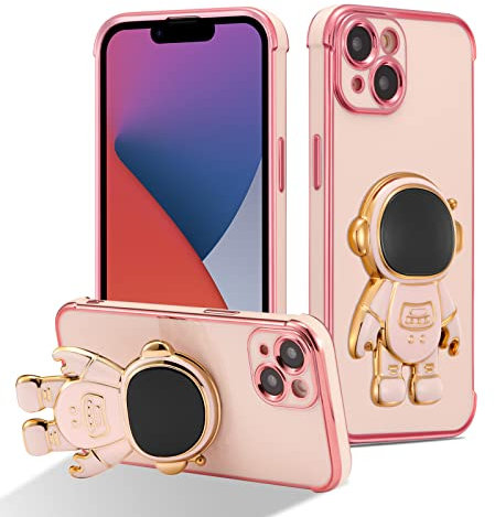 RALEAVO Compatible with iPhone 14 (6.1) Case with Cute Astronaut Kickstand Design Shockproof Plating Phone Case for iPhone 14-Pink