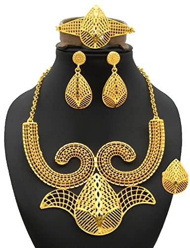 LAYCHEN Nigerianisches Schmuckset Für Frauen 24 Karat Afrikanisches Großes Äthiopisches Gold Gefüllte Brauthalsketten-ohrring-armband-ring-set-hochzeit
