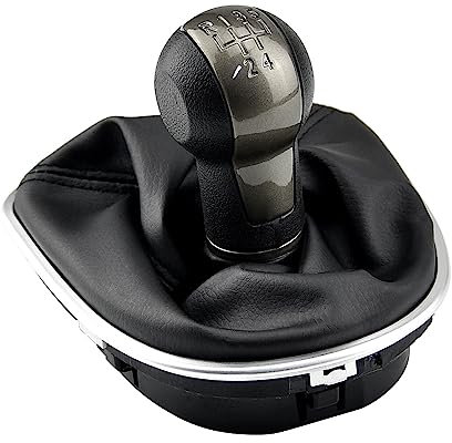 QKLsudua Pomo de palanca de cambios de 5 velocidades ABS con polaina de cuero, juegos completos compatibles con Se-at Al-Tea 2004-12 Le-on II 2005-12 to-ledo III