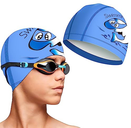 Cuffia Piscina Bambino, Cuffie da Nuoto, Cuffia Piscina Capelli Lunghi, Silicone Cuffia Nuoto, Cuffia da Nuoto da Donna e Uomo, Soffice al Tatto, Sport Acquatici per bambini dai 2 ai 12 anni, Blu