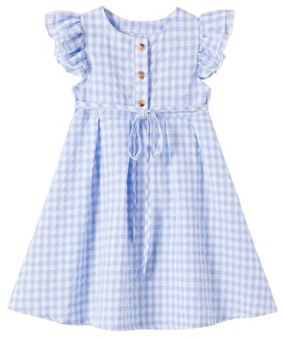 Ugitopi Kleines Mädchen Flatterärmel Baumwoll-Leinen Kleid Kleinkind Kinder Doppelte Rüschen Freizeitkleider (Plaid Blue 130)