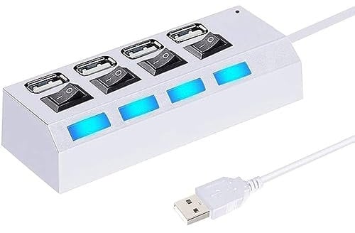 USB 2.0 Hub, High-Speed 4-Port Ultra Slim Portable extensions Cable, with ON/OFF switch Buttons, multiple USB Expansion splitter HUB Compatible With, Mouse, Keyboards, Camera and Mobile (White)