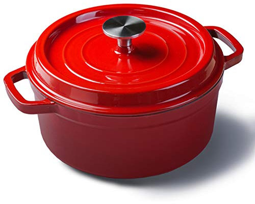 Cocotte Fonte Émaillée avec Couvercle, Four Hollandais Rond en Fonte émaillée Rouge avec Deux Poignées pour Cuisiner, Cuire au Four, Réfrigérer et Cuire du Pain(24cm)