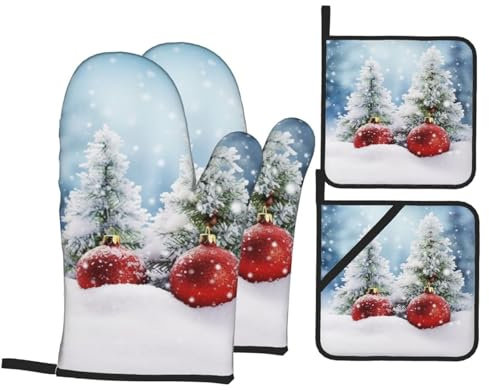 Ofenhandschuhe und Topflappen mit Weihnachtsbaumkugeln, Schneemotiv, hitzebeständige Ofenhandschuhe und Handschuhe zum Backen