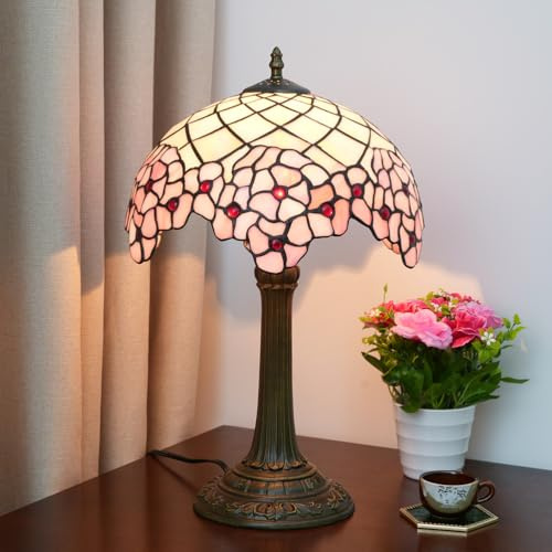 AIBOTY Tiffany Style Pink Stained Glass Rose Table Lamp, Vintage Small Desk Night Reading Lamp, Bedroom Bedside Dining Room Decoration Lamp with Alloy Base,12inch