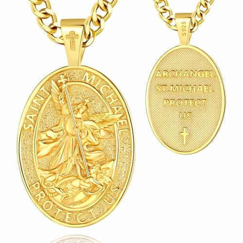 INFUSEU Erzengel Michael Anhänger, 925 Sterling Silber 18K Gold Kette Heidnische Medaille Schutzpatron Anhänger Christlicher Religiöser Engelsglaube Schutz Amulett Geschenke für Männer Frauen