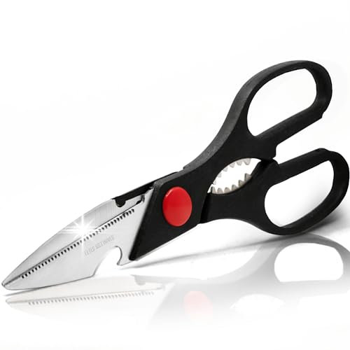 Tijeras de Cocina Profesional en Acero Inoxidable 20,5 cm con Parte Nueces, Tijeras de Cocina Buenas Multiusos para Todo tipo de Alimentos, Mango Ergonómico Adaptable a Zurdos y Diestros