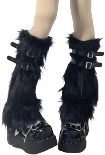 Kobeleen Faux Furs Leg Warmer, Warm Soft Cozy Fuzzy Leg Warmer Boot Cuffs Cover for Women, Party Costumes, Black, One Size