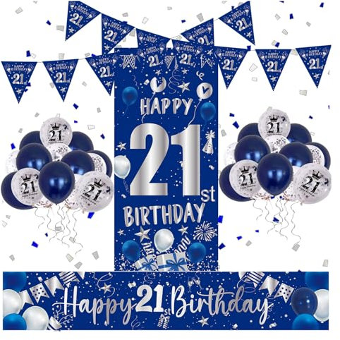 Auligam 21st Birthday Decorations for Him Her Blue and Silver: Banner, Balloons, Backdrop, Triangle Flag, Confetti - 36 Count