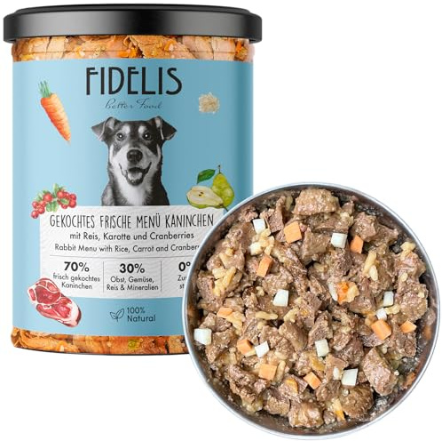 Fidelis – Gekochtes Frische-Menü mit Kaninchen, Reis, Karotte & Cranberries (6 x 400g Glas) – Hundefutter nass mit 70% Fleischanteil & frischen Zutaten – Nassfutter ohne Zusätze & ungekühlt haltbar