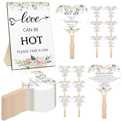Anglechic 51 Pcs Wedding Fans for Guests Flower Wedding Favors 50 Flower Heart Wedding Paper Fans with Wood Handle, 1 Pcs Love Can Be Hot Wooden Wedding Table Sign Bridal Shower Favor