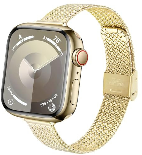 DEALELE Armband Kompatibel für iWatch 42mm 41mm 40mm 38mm, Schlanke dünne Edelstahl Metall Mesh Ersatz Armbänder für Apple Watch Series 10/9 / 8/7 / 6/5 / 4/3 / SE Damen Herren, Gold