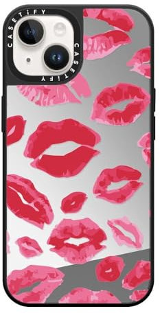 CASETiFY Mirror iPhone 14 Case [Reflective / 4.9ft Drop Protection/Compatible with Magsafe] - Lipstick Kisses - Silver On Black