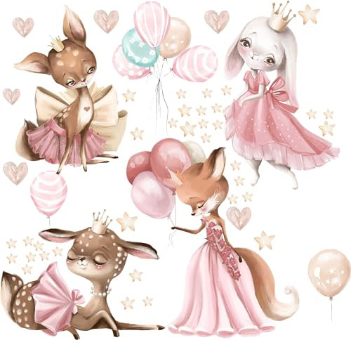 HUBDECO - Wandtattoo Kinderzimmer - Wanddeko - Selbstklebende Folie - Fototapete - Wandsticker - Selbstklebende Tapete - für Mädchen und Jungen - Rehe, Hasen, Luftballons, Sterne - 60x120cm