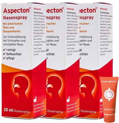Aspecton Nasenspray 3x 20 ml I mit 1,5% Kochsalz-Lösung I bei Schnupfen und verstopfter Nase I mit Meersalz, Dexpanthenol und ätherischen Ölen I Schnupfenspray I Spar-Set plus Pharma Perle give-away